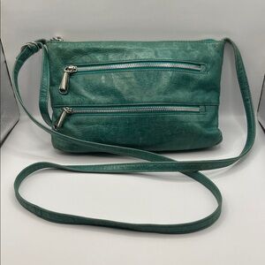 Green Leather Crossbody Bag with Dual Zip Pockets